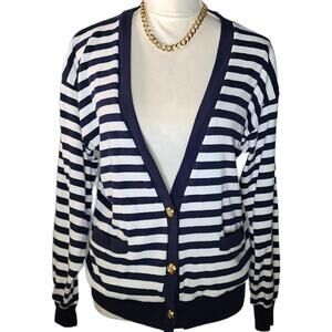 Herman Geist, Vintage, Navy Blue & White Striped Cardigan. Size Medium